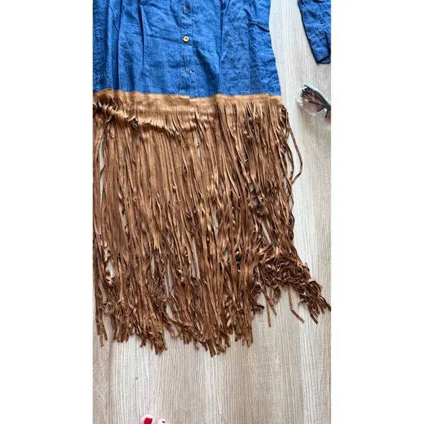 Set sunglasses & Blue Chambray Shirt Dress with Brown Faux Suede Fringe Hem - M - Image 3