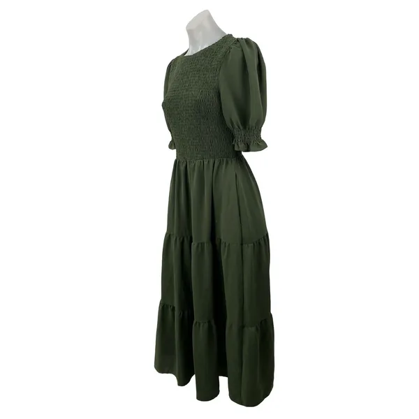 BTFBM Women's Green Smocked Short Puff Sleeve Tiered A Line Maxi Dress Size S - Image 2