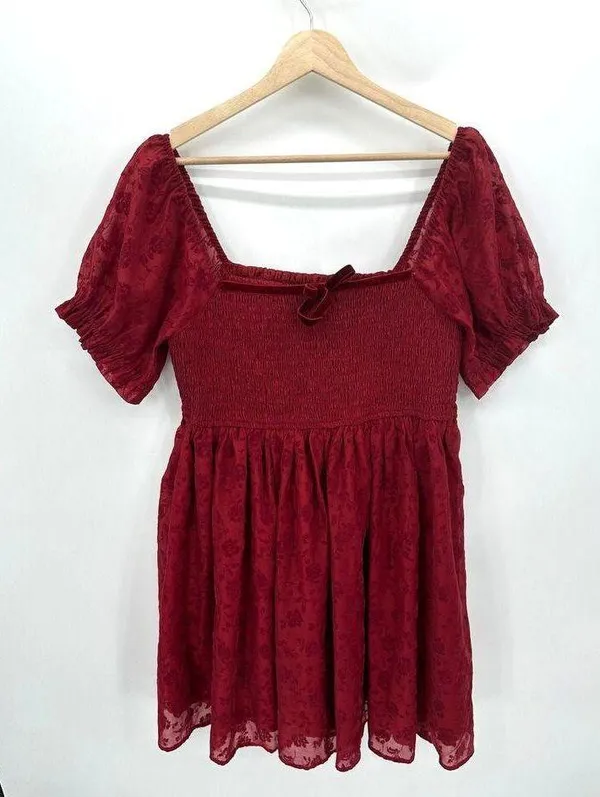 Altar'd State Mini Dress Sz XL Red Floral Velvet Burnout Smocked Sexy Feminine - Image 9