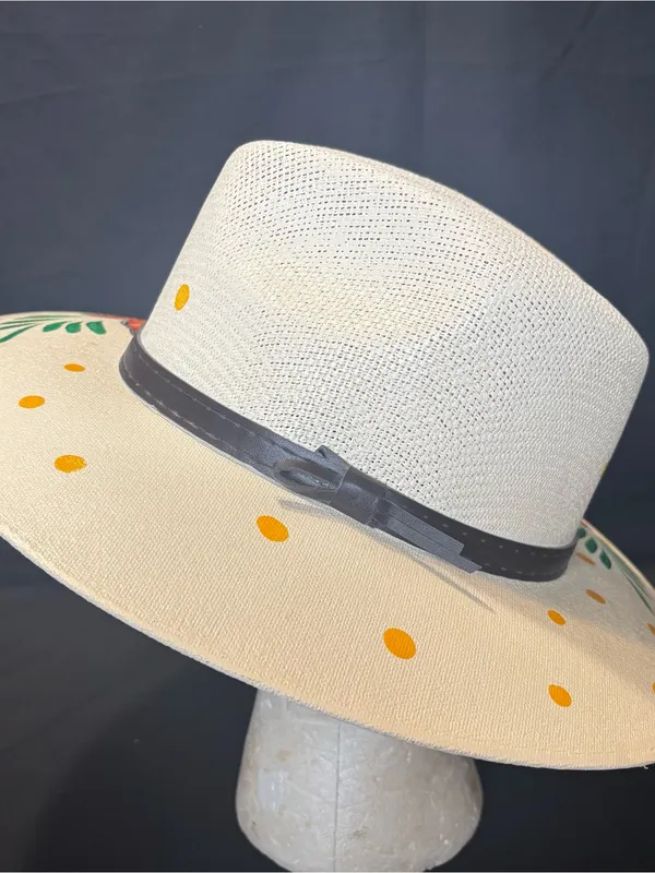 Hand-Painted Ivory Wide-Brim Hat with Orange Butterfly & Multicolor Hummingbird - Image 4