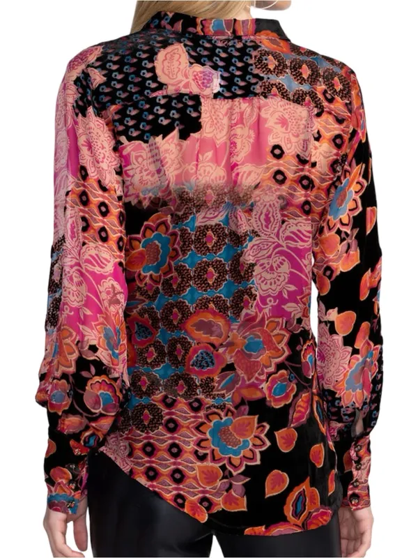 Johnny Was Size M Yrene Alvarado Burnout Velvet Floral Long Sleeve Shirt Blouse - Image 4