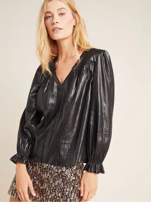 Anthropologie current air Bristol shiny black blouse size medium - Image 3