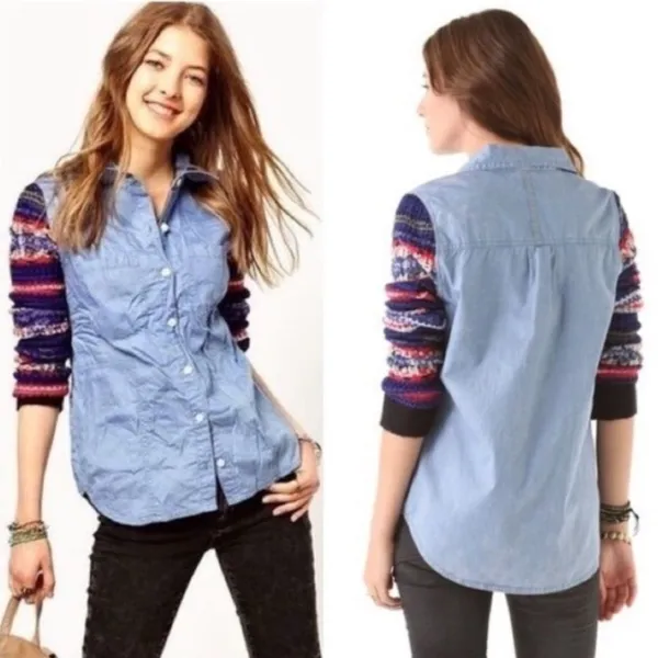 Free People We The Free Chambray Sweater Sleeve Shirt Women's Small Light Blue‎ - Image 4