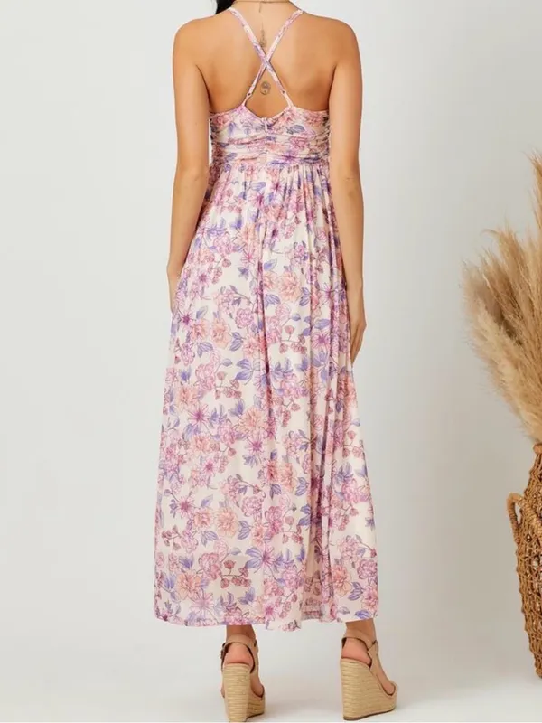 Mystree Cream Floral Mesh Maxi Dress Criss Cross Back Polyester Blend Sz M NWT - Image 3
