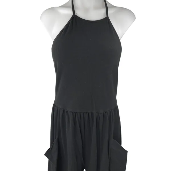 Oak + Fort Women's Black Sleeveless Halter Wide Leg Pockets Romper Jumpsuit Sz L - Image 4