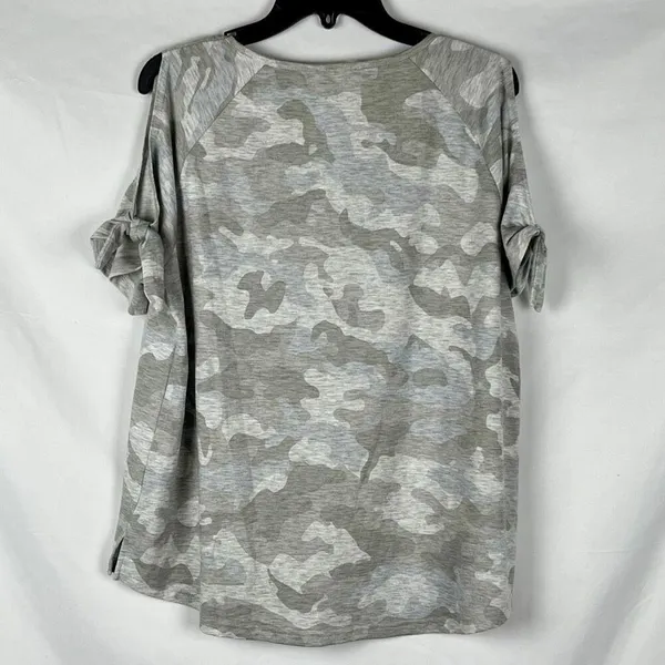 Jane & Delancey Camouflage Cold-Shoulder Cutouts Bow-Tie Short Sleeves. Knit Top - Image 2