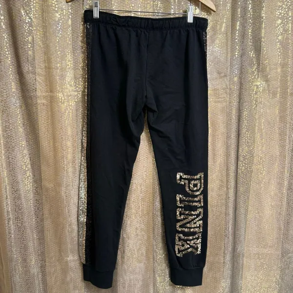 PINK Victorias Secret Sequin Bling Silver Black Gold Jogger Pants Medium - Image 2