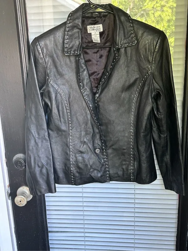 Vintage Style & Co Collection Petite Black Leather Whip stitching Jacket S - Image 3
