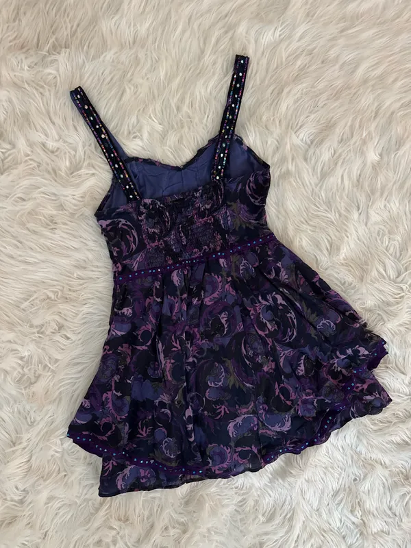 Free People Purple Floral Sequin Tiered Mini Dress - Image 4