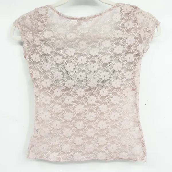Womens Baby Pink Sheer Floral‎ Lace Coquette Fairycore Cap Sleeve Dainty Top S - Image 6