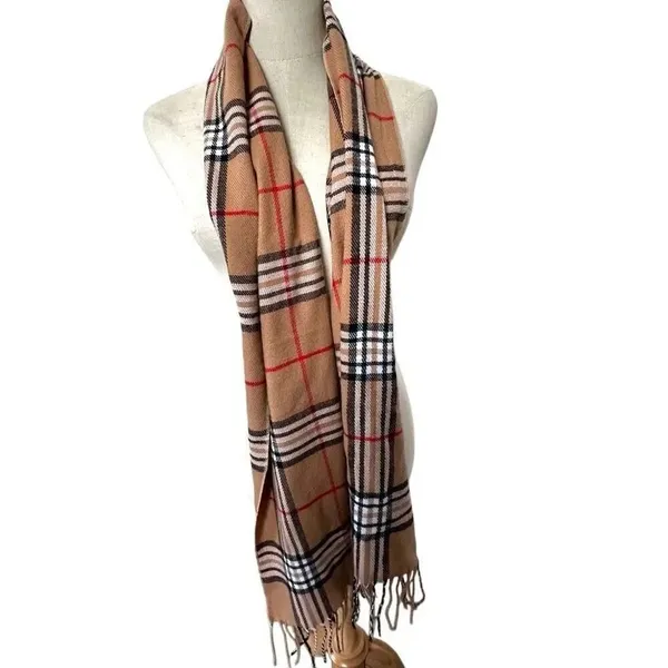 Tan Check Plaid fringe scarf - Image 2