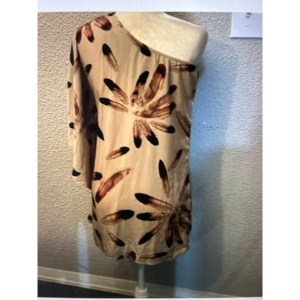 Audrey 3+1 Brown/Tan One Shoulder Feather Top Dress Kaftan Tunic Coverup Boho - Image 2