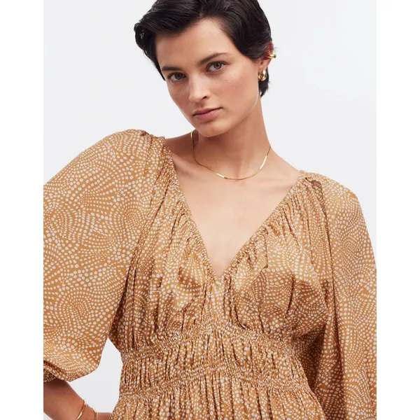 Madewell V Neck Balloon Sleeve Maxi Dress Spiral Dot Tan Smocked Boho US 00 NWT - Image 5