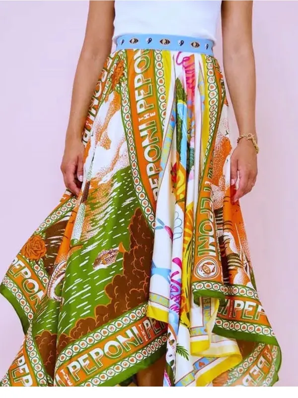 Rosa Clothing Colorful Resort Printed High Waist Handkerchief Hem Boho Skirt L - Image 4