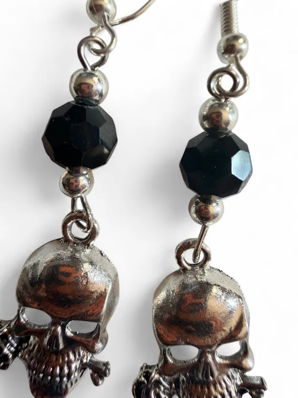 Handmade Silver Skull Rose Gothic Dangle Earrings - Image 3