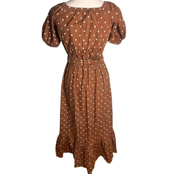 Lusana Leeta Brown Polka Dot Puff sleeve Short Sleeve V-neck Maxi Dress 4 - Image 3