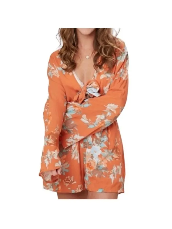 Altar'd State Floral Tie-Front Romper - Women's Size Medium - Long Bell Sleeve - Image 4