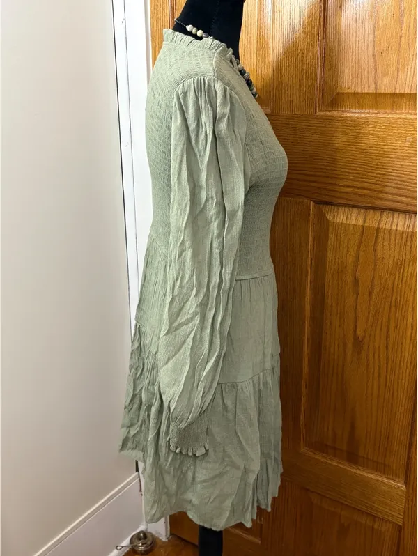Women’s Sage Green Smocked Tiered Mini Dress Long Sleeve Size Small - Image 5