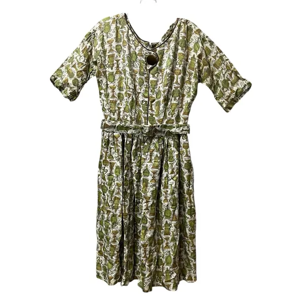 Vintage Handmade 60s Midi Dress with Belt Sz 8 Vase‎ Pattern Short Sleeve Zipper - Image 2