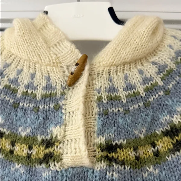 Eddie Bauer Sweater sz M Wool Mohair Blend Hooded Nordic Fair Isle ivory blue - Image 2