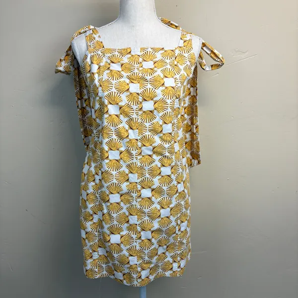 Anthropologie Maeve Yellow White Shell Print Tie-Strap Mini Dress Size L - Image 3
