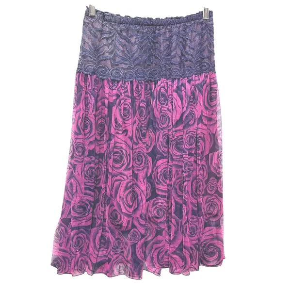 Y2K Womens Whimsygoth Skirt‎ Purple Black Floral Lace Waist Midi Fairygrunge - Image 2
