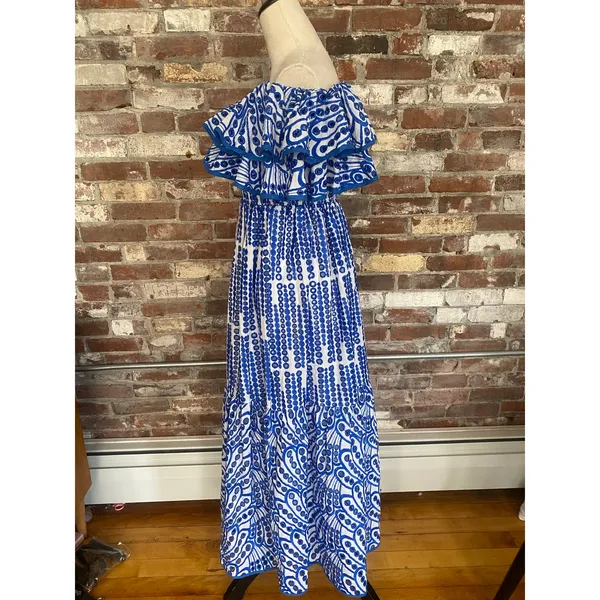 Daphne Lo Blue White Embroidered Off-Shoulder Ruffle Maxi Dress Tiered Cotton L - Image 4