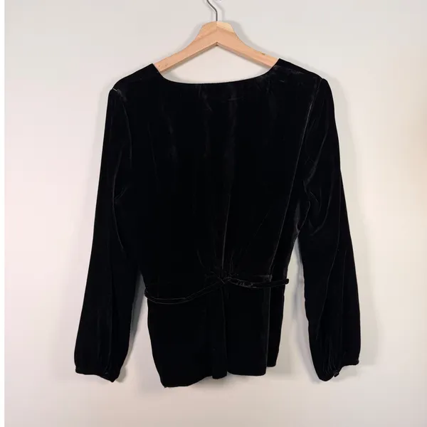 J. Crew Black Velvet Faux‎ Wrap Long Sleeve Tie Waist Blouse Size 10 - Image 3