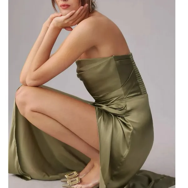 Reformation Barrow Artichoke Green Silk Strapless Cocktail Gown Size 2 NWT - Image 3