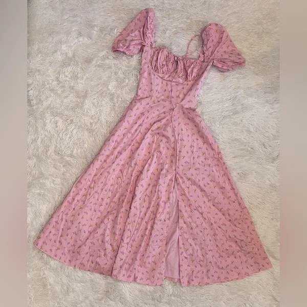 NWOT House of CB Pink Floral Tallulah Puff sleeves midi dress sz L - Image 6