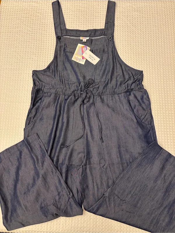 NEW! LuLaRoe JULIET Dark Blue Chambray Denim Overalls Jumpsuit Size MEDIUM - Image 4