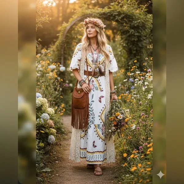 Meadow Rhodes Boutique Boho Maxi Dress 100% Cotton Puff Sleeve Smocked size M - Image 4