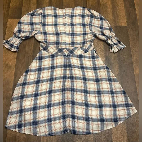Blue Rain Plaid Puff Sleeve Dress - Image 5