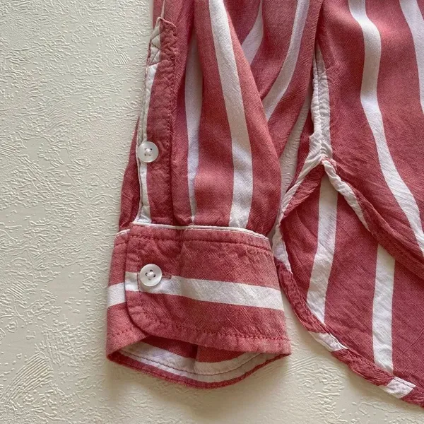 American Eagle Pink & White Striped Tie Front Button Down | Oversized Fit | L - Image 6