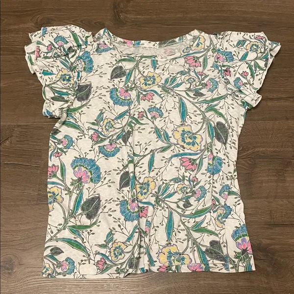 Women’s LOFT White Ruffle Sleeve Casual Top w/ Floral Print, Size Medium - Image 2
