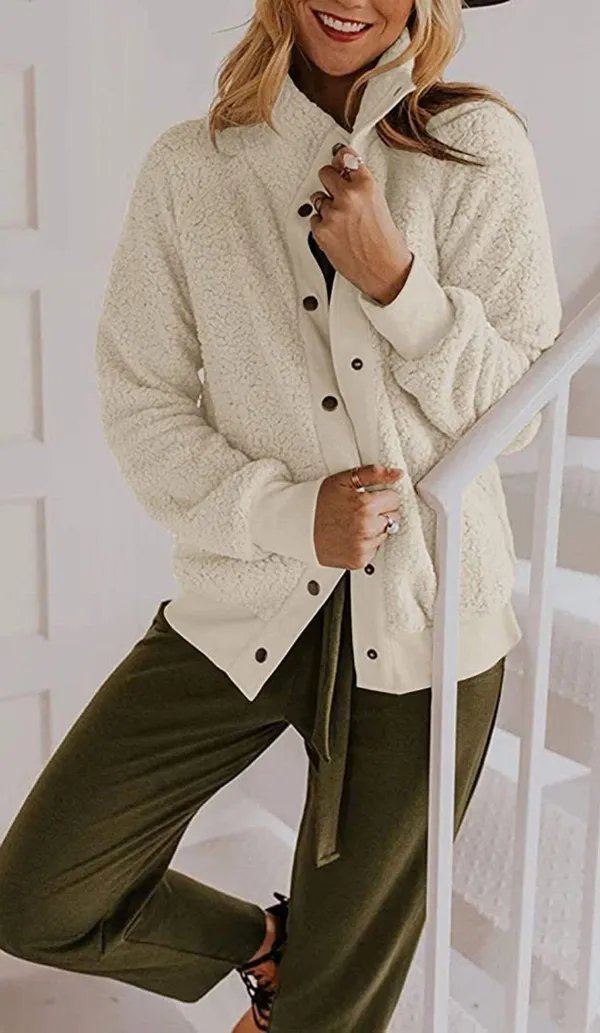 Sherpa Fleece Jacket Warm Long Sleeve Button Down Fuzzy Faux Wool with Pockets S - Image 3