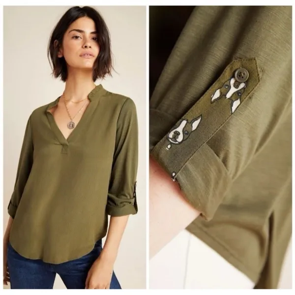 Anthropologie‎ Porridge Aidan Shirt Top Green Size S 3/4 Roll Sleeve Dog Detail - Image 2