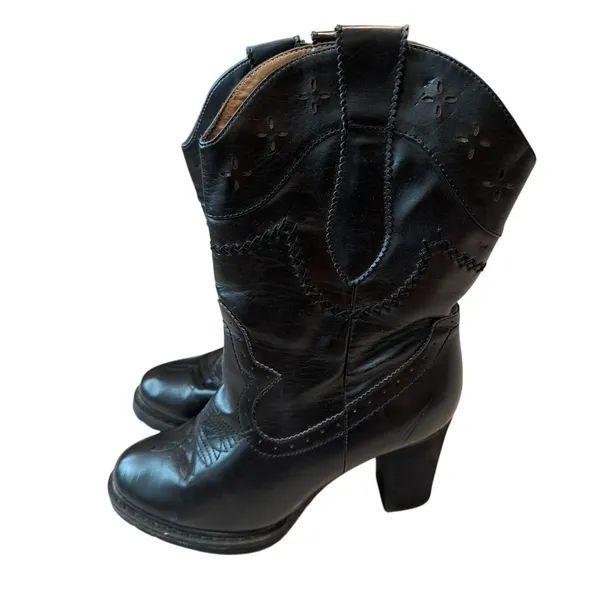 Roper Black Faux Leather Western Heeled Platform Boots Mid-Calf Size US 9 - Image 2