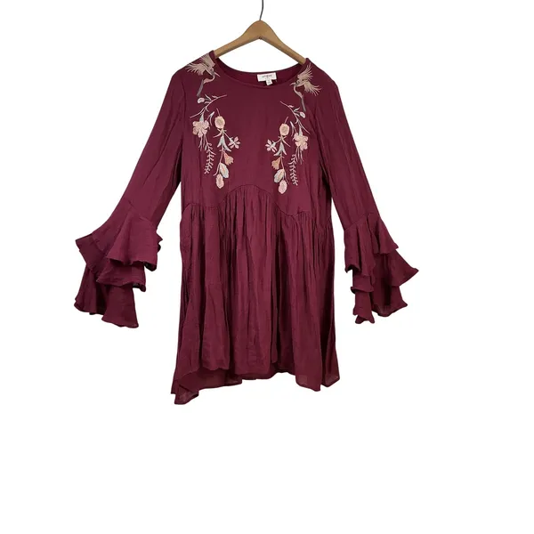 Umgee Burgundy Embroidered Floral Bird‎ Boho Mini Dress Ruffle Bell Sleeve Small - Image 10