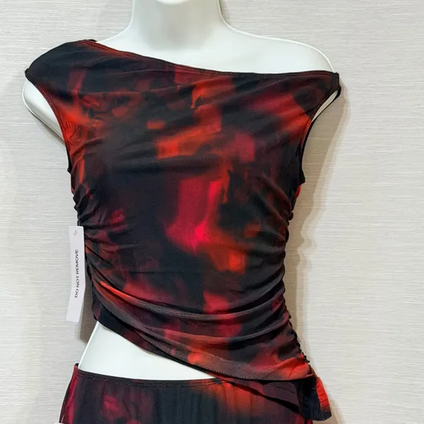 Princess Polly Maribella Set Black Red Abstract Ruched Mini Skirt Two Piece US 4 - Image 5
