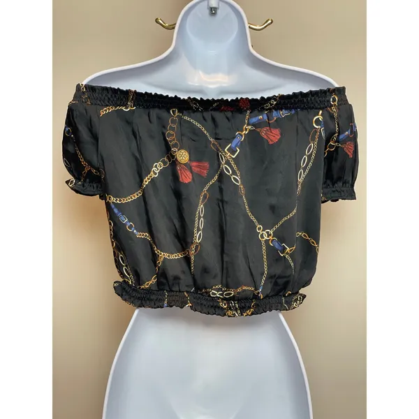 Iris Off‑Shoulder Crop Top Size M Black Gold Chain Detail - Image 2