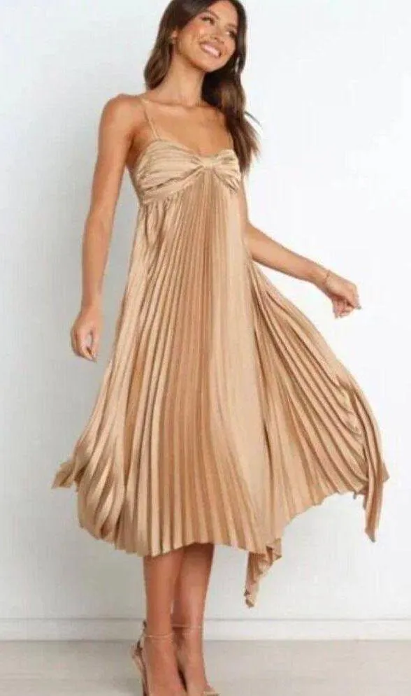 Petal & Pup Vikki Gold Satin Pleated Asymmetrical Hem Midi Dress 2 - Image 4