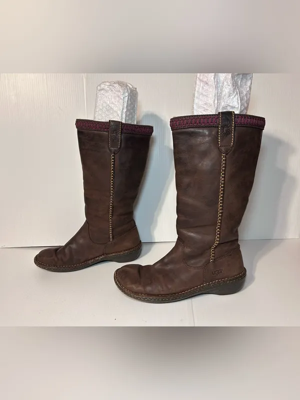 UGG SN 5139 brown leather shearling tall boots winter size 9 - Image 2