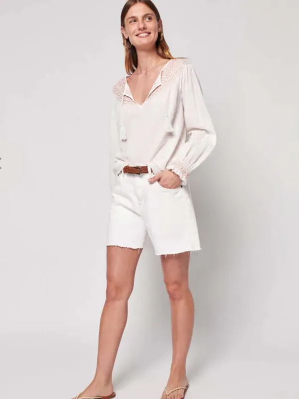 FAHERTY Laura Embroidered Top in Whisper White Smocked Neck‎ Peasant size XS - Image 2