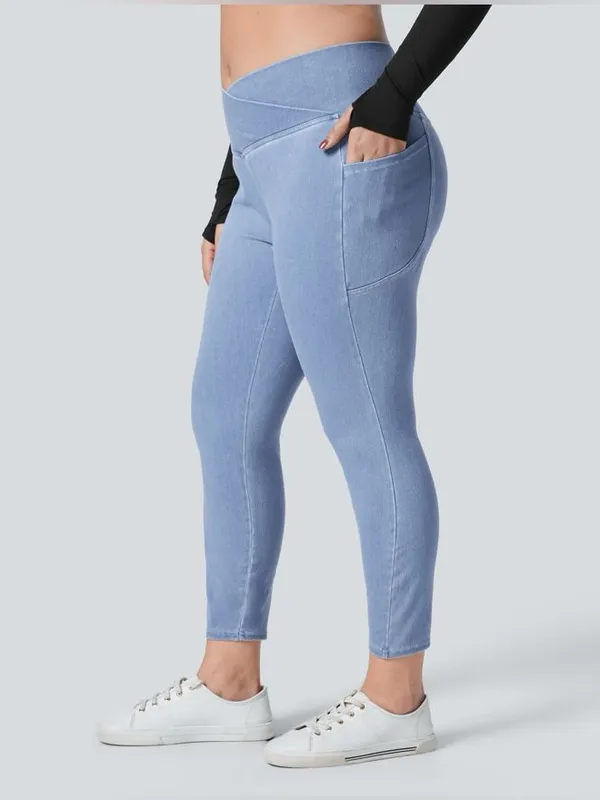 Halara Flex Crossover Side Pocket Washed Stretchy Knit Denim Work Legging - Image 3