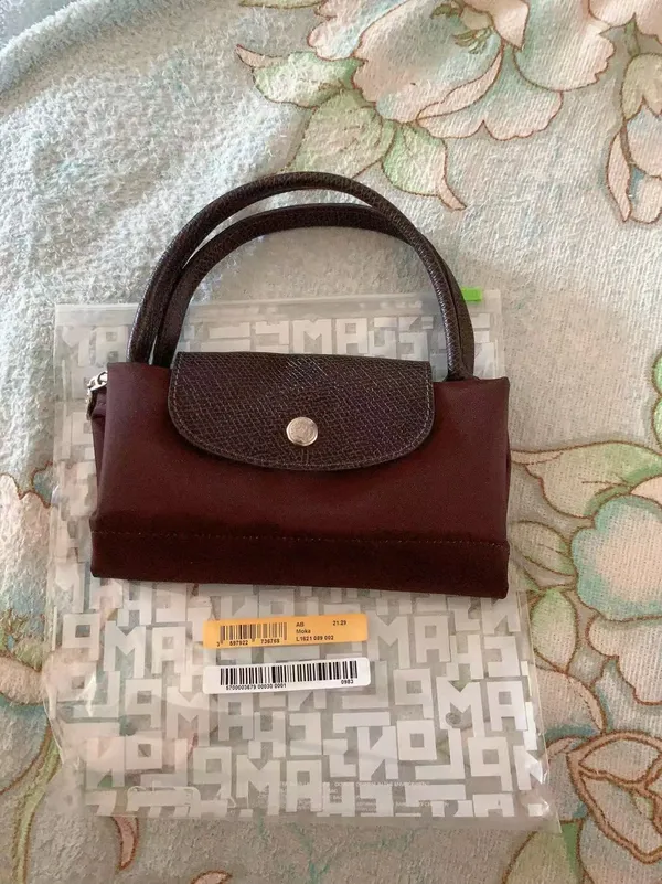 Longchamp Le Pliage Small Handbag Mocha Brown Short Handle Nylon Tote - Image 3