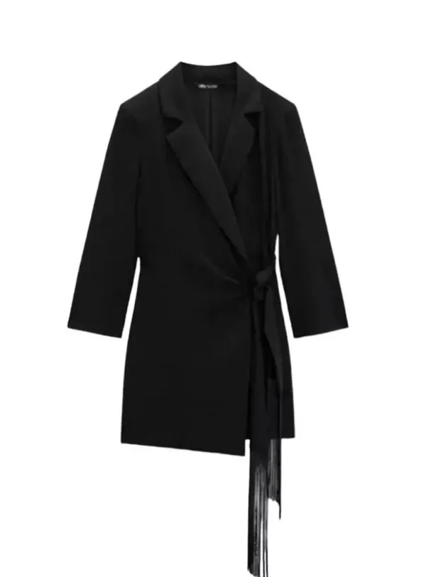 Zara blazer dress with fringes tied wrapped mini tailored black - Image 4