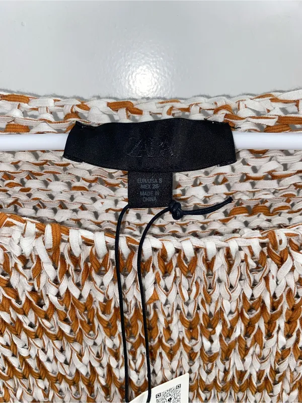Zara Brown and White Knit Blouse Small - Image 3