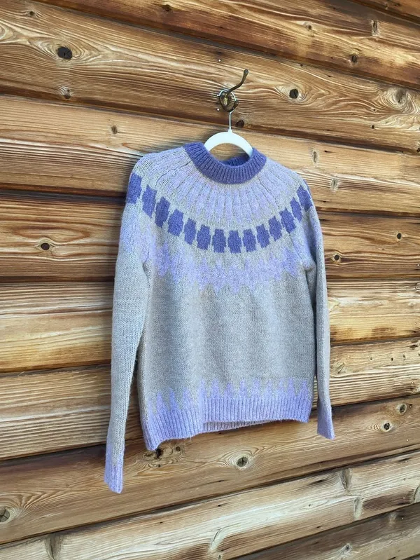 Women’s Tan Purple Size M Soft Fair Isle Pullover High Neck Knit Sweater - Image 4
