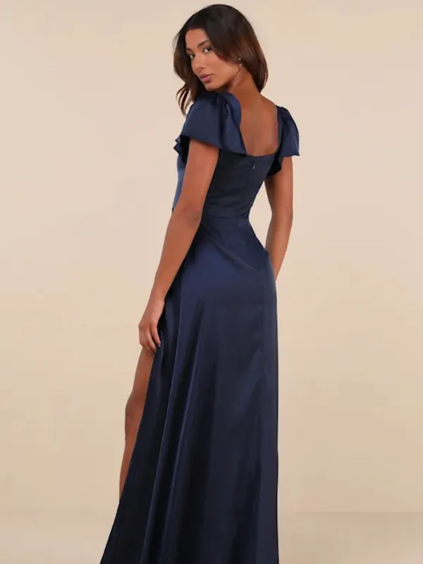 Lulus Ultimate Sweetness Navy Blue Satin Flutter Sleeve Maxi Dress Size XL - Image 2
